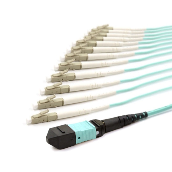 Picture of 24 Fiber MPO/UPC Low Loss Male to (x24) LC/UPC - 50/125µm Multimode OM3 - Micro Distribution Aqua Plenum Rated - 0.5 Meter Breakout Length using 2mm Tubing
