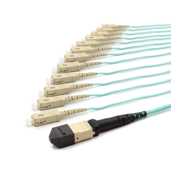 Picture of 12 Fiber MPO/UPC Standard Male to (x12) SC/UPC - 50/125µm Multimode OM3 - Micro Distribution Aqua Plenum Rated - 0.5 Meter Breakout Length using 2mm Tubing