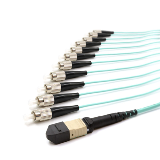 Picture of 12 Fiber MPO/UPC Standard Male to (x12) FC/UPC - 50/125µm Multimode OM3 - 3mm Micro Disribution Aqua Plenum Rated - 0.5 Meter Breakout Length using 2mm Tubing