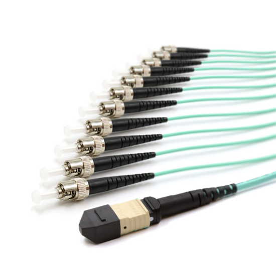 Picture of 12 Fiber MPO/UPC Standard Female to (x12) ST/UPC - 50/125µm Multimode OM3 - Micro Distribution Aqua Plenum Rated - 0.5 Meter Breakout Length using 2mm Tubing